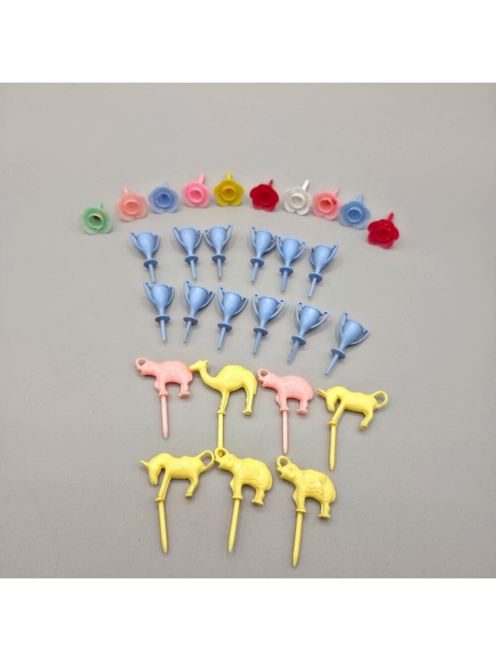 Vintage Plastic Birthday Candle Holders Flowers Trophies Animals Set Of 29